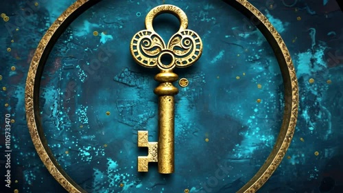 Vintage Golden Key on Textured Blue Background Symbol of Mystery, Discovery, and Elegant Design