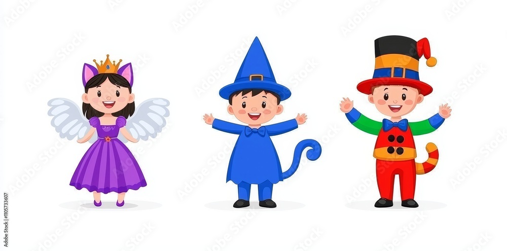 Isolated on a white background, a contemporary cartoon illustration depicts joyful children in carnival costumes, including princess, wolf, and harlequin attire, dancing at a theater show. Isolated on a white background, a contemporary cartoon illustration depicts joyful children in carnival costumes, including princess, wolf, and harlequin attire, dancing at a theater show.
