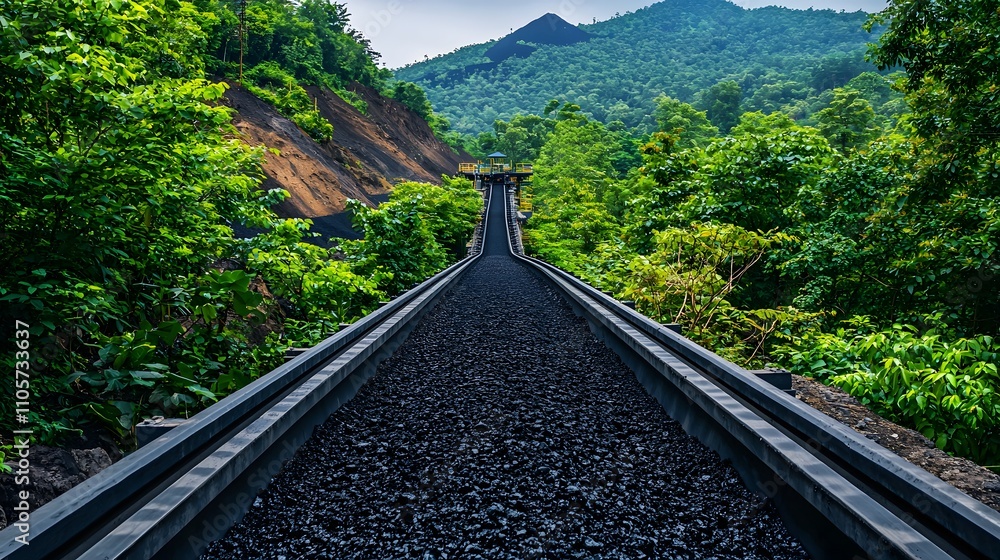 Fototapeta premium Advanced coal processing plant with sleek conveyor belts and dust-free zones surrounded by lush greenery.