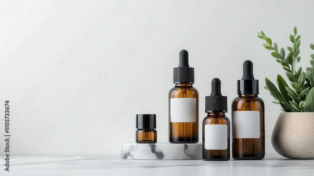 A collection of amber glass dropper bottles with blank labels displayed on a marble pedestal, surrounded by greenery on a white background. A collection of amber glass dropper bottles with blank labels displayed on a marble pedestal, surrounded by greenery on a white background.