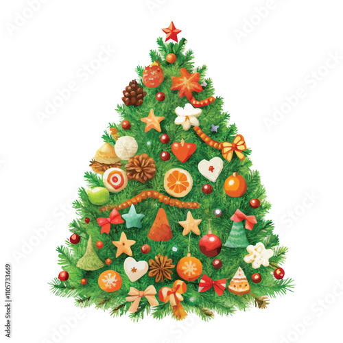 A Christmas tree with many ornaments on it. The tree is green and has a lot of decorations
