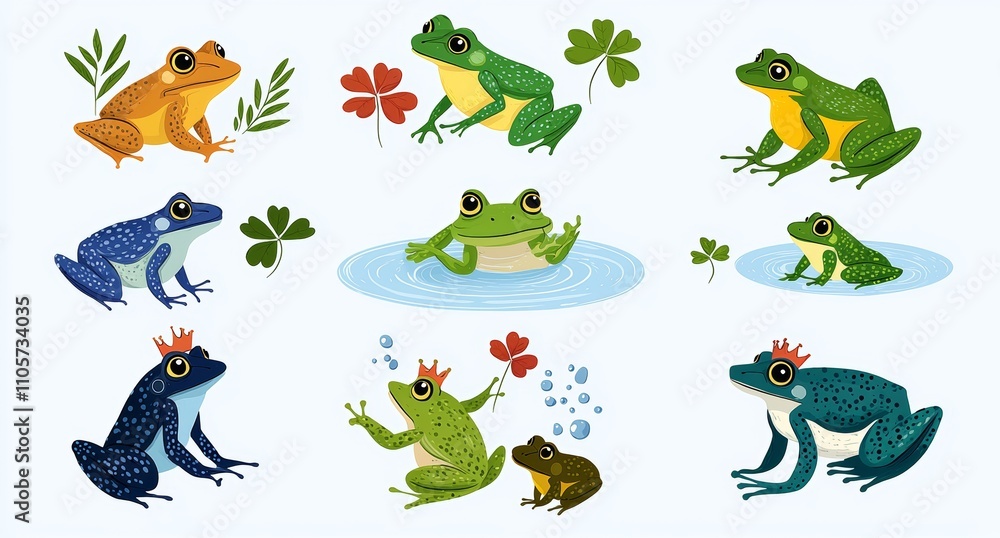 Obraz premium A charming frog cartoon mascot in various poses - a green pond toad leaping into water, wearing a crown, shielding its head with a leaf in the rain, sitting on grass and reeds, and catching an insect