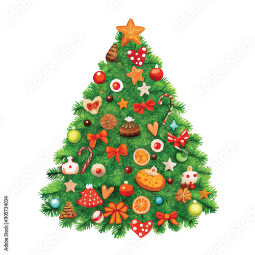 A Christmas tree with many ornaments on it. The tree is green and has a lot of decorations