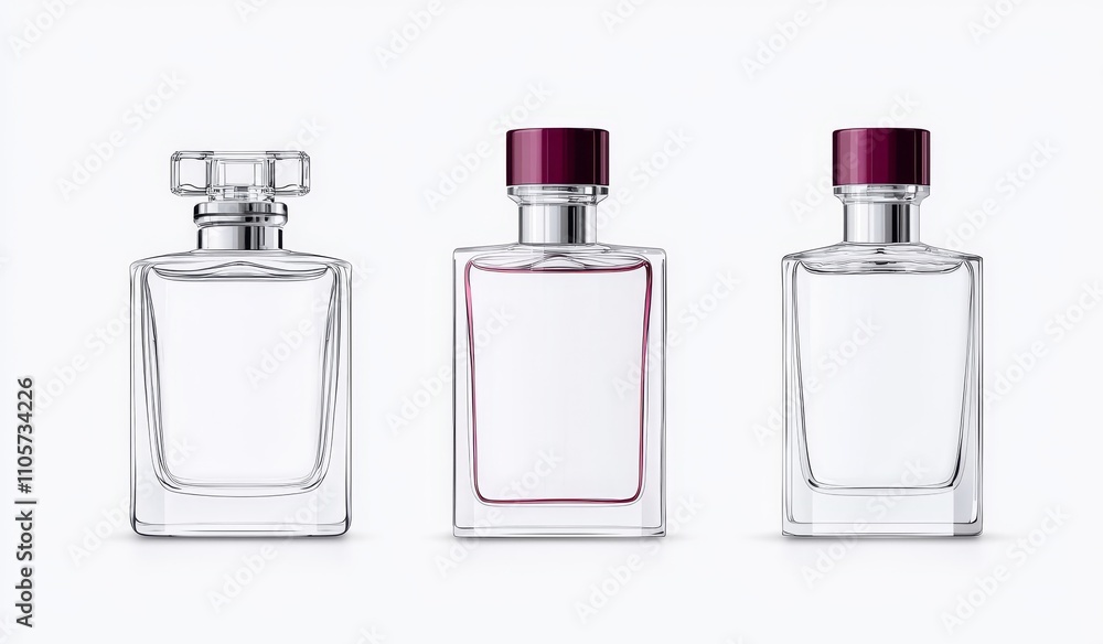 A modern realistic depiction of perfume spray bottles, isolated on a white background, features glass or plastic transparent containers of different sizes, all with red caps, representing fragrance A modern realistic depiction of perfume spray bottles, isolated on a white background, features glass or plastic transparent containers of different sizes, all with red caps, representing fragrance