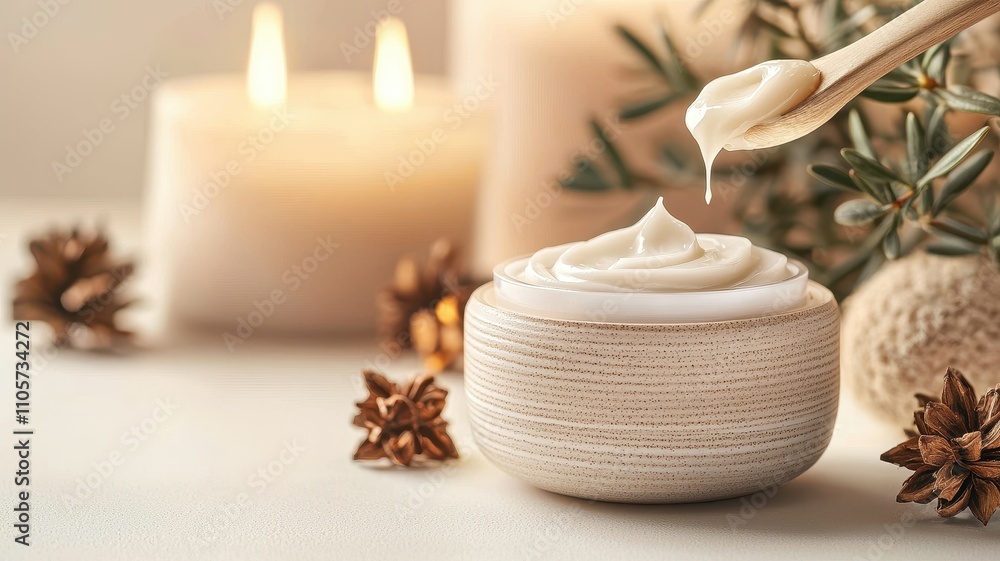 Rich skincare cream in a ceramic bowl with a wooden spoon, surrounded by glowing candles, star anise, and greenery for a spa-like ambiance. Rich skincare cream in a ceramic bowl with a wooden spoon, surrounded by glowing candles, star anise, and greenery for a spa-like ambiance.