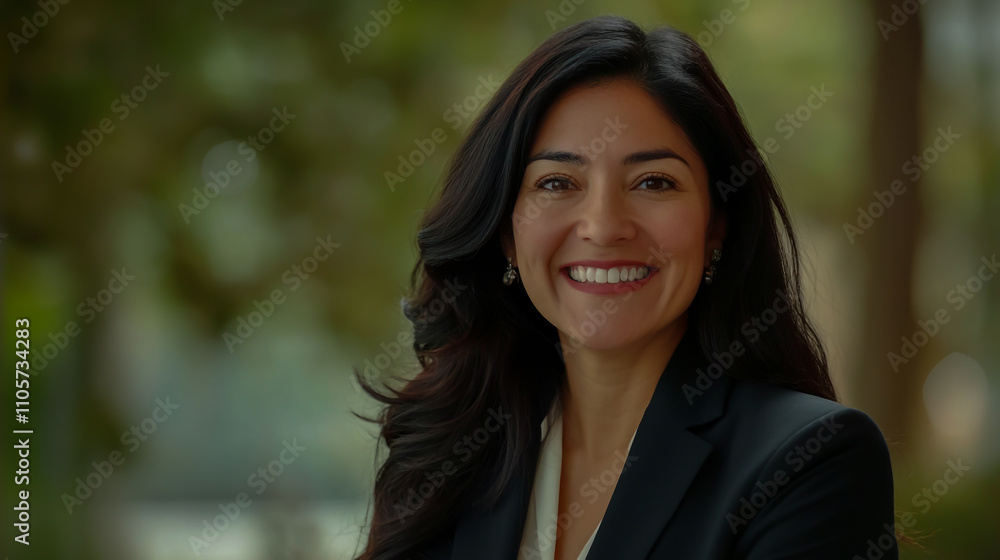 Confident Hispanic businesswoman smiling, with a soft blurred background, exuding professionalism Confident Hispanic businesswoman smiling, with a soft blurred background, exuding professionalism