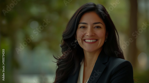 Confident Hispanic businesswoman smiling, with a soft blurred background, exuding professionalism photo