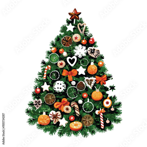 A Christmas tree with many ornaments on it. The tree is green and has a lot of decorations