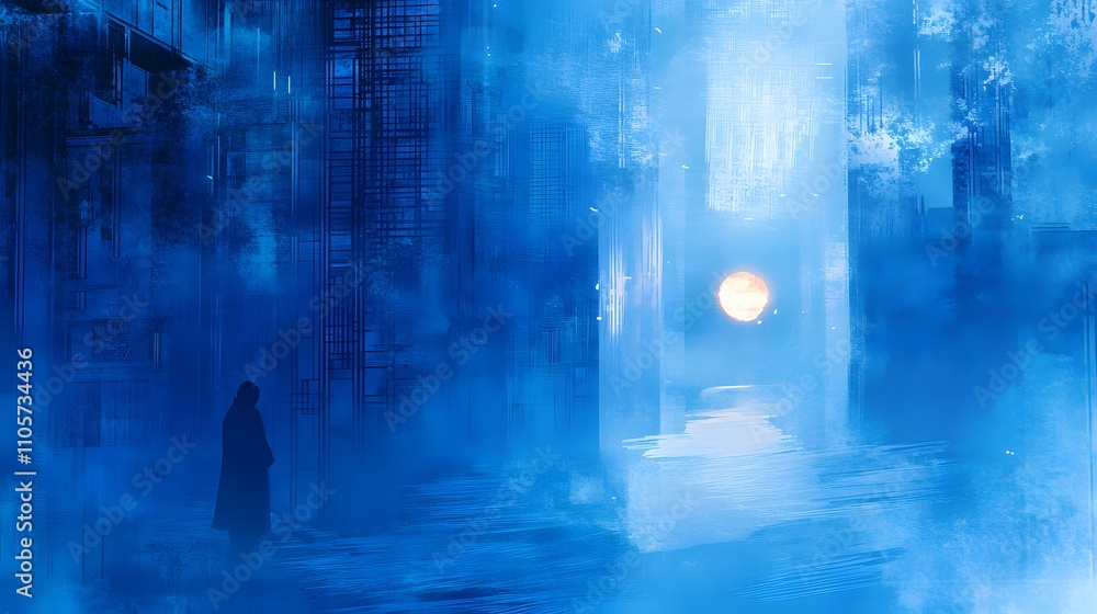 Naklejka premium A Solitary Figure in a Blue Cityscape at Dusk