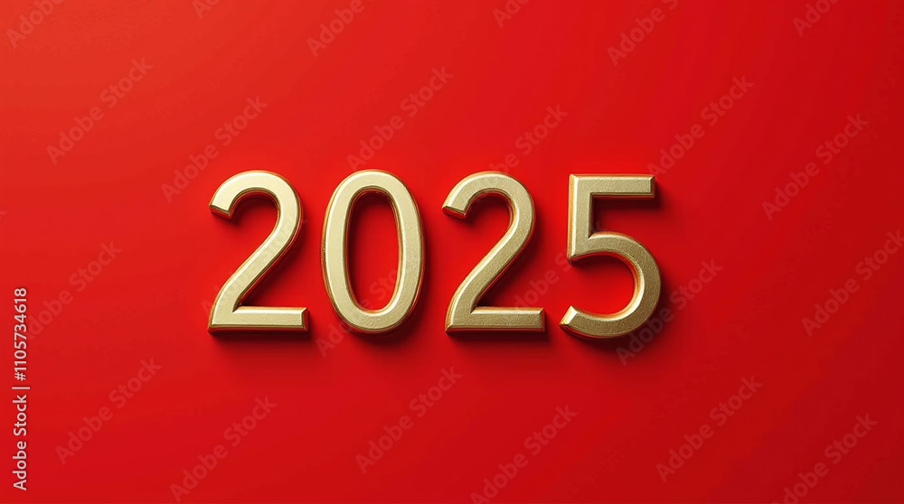 2025 golden letters figures typography on bright red background, happy New Year 2025 golden letters figures typography on bright red background, happy New Year