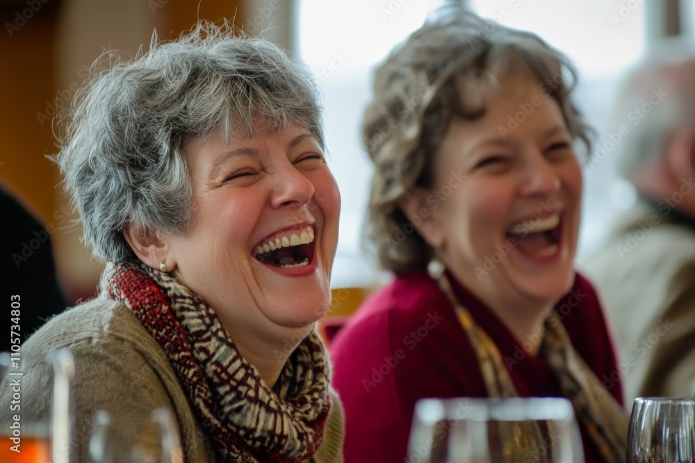 A candid moment captures two women sharing a joyful laugh in a warm, relaxed environment, highlighting friendship and happiness during social gathering. A candid moment captures two women sharing a joyful laugh in a warm, relaxed environment, highlighting friendship and happiness during social gathering.