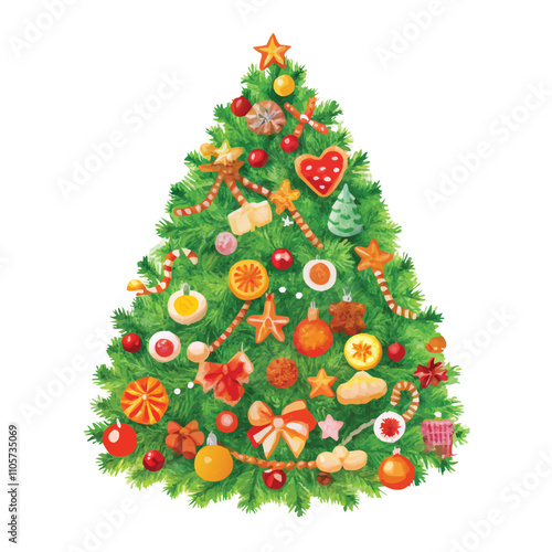 A Christmas tree with many ornaments on it. The tree is green and has a lot of decorations