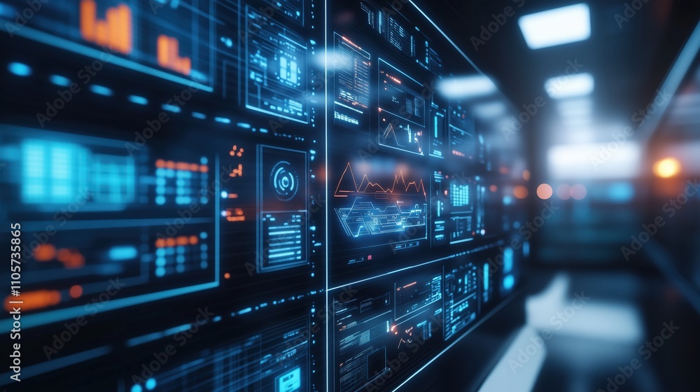 A futuristic command center with holographic displays of network security. A futuristic command center with holographic displays of network security.