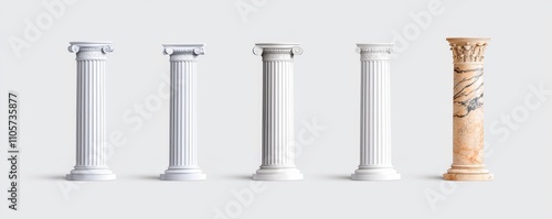 White antique pillars, isolated on a background. A modern, realistic 3D illustration of marble square columns, pedestals for product displays, ancient palace balustrade design elements, and museum