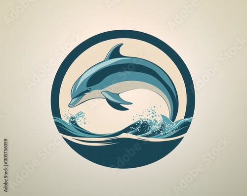 Here's a description and keywords for your stock photo.. Leaping dolphin in ocean waves, circular design. photo