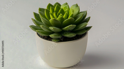 Minimalist arrangement of a green succulent plant with thick, fleshy leaves in a simple white pot photo