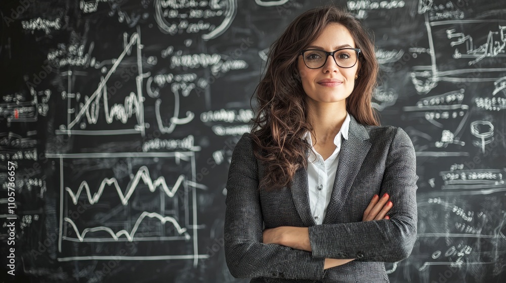 Woman stands in front of a blackboard with graphs and equations Woman stands in front of a blackboard with graphs and equations