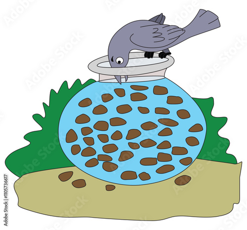 A crow is drinking water from a pot.