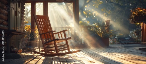 Cozy rustic porch with a comfortable rocking chair basking in the warm glow of soft autumn sunlight creating a tranquil and serene ambiance for a peaceful retreat or moment of solitude