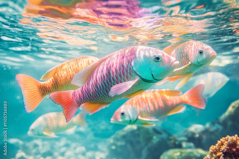 Naklejka premium A group of vividly colored fish swimming gracefully in clear tropical waters, highlighting the beauty and diversity of ocean life in a serene underwater environment.