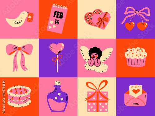 Saint Valentine's Day vector sticker elements set. Collection of cute groovy funky cartoon illustration of different romantic objects bow, cupid, love potion, envelope, 14 February design concept