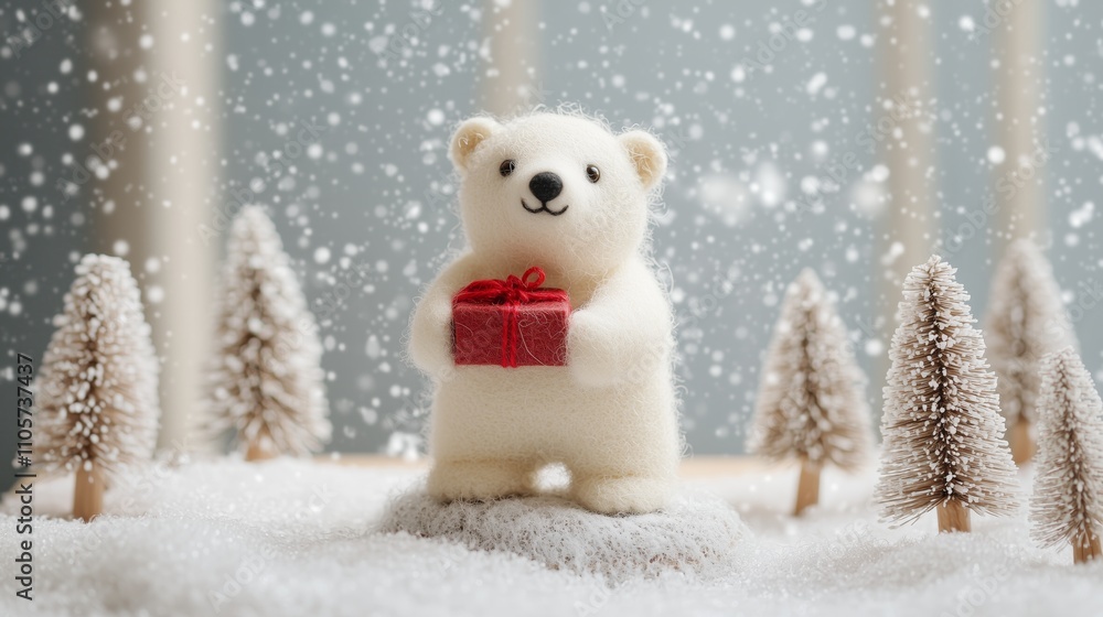 Handcrafted Felted Polar Bear Holding Tiny Gift in Festive Scene Handcrafted Felted Polar Bear Holding Tiny Gift in Festive Scene