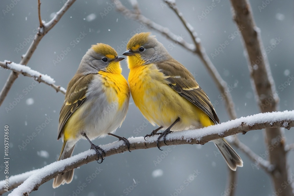 Fototapeta premium Pair of Blue Tits with Bright Yellow Breasts Sitting on a Tree Branch in Frosty Cold Weather