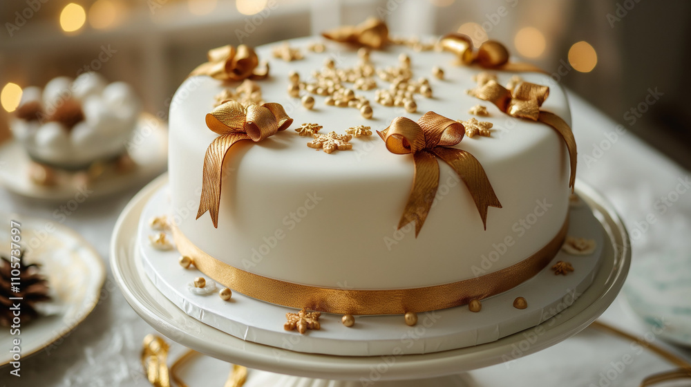 Simple and elegant New Year's cake with minimal decoration, white icing, and golden ribbons Simple and elegant New Year's cake with minimal decoration, white icing, and golden ribbons