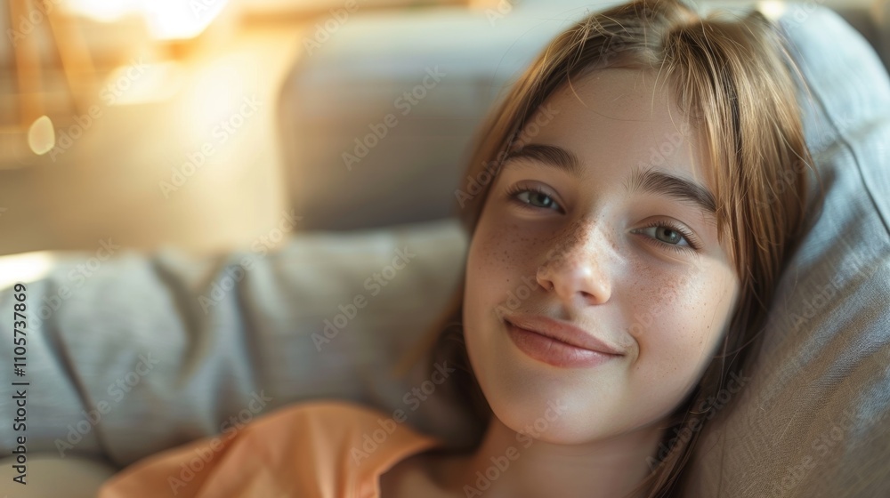 A young girl with freckles and long brown hair wearing an orange shirt lies On a gray couch bathed in warm sunlight. A young girl with freckles and long brown hair wearing an orange shirt lies On a gray couch bathed in warm sunlight.