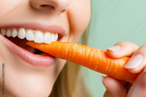 Woman biting a carrot, close up