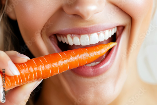 Woman biting a carrot, close up