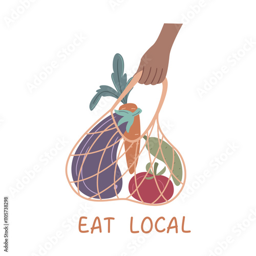 Human hand with string bag full of  vegetables. Mesh eco shoppers in arms, zero waste concept, bio market, reusable items. Grocery order, local farm market.