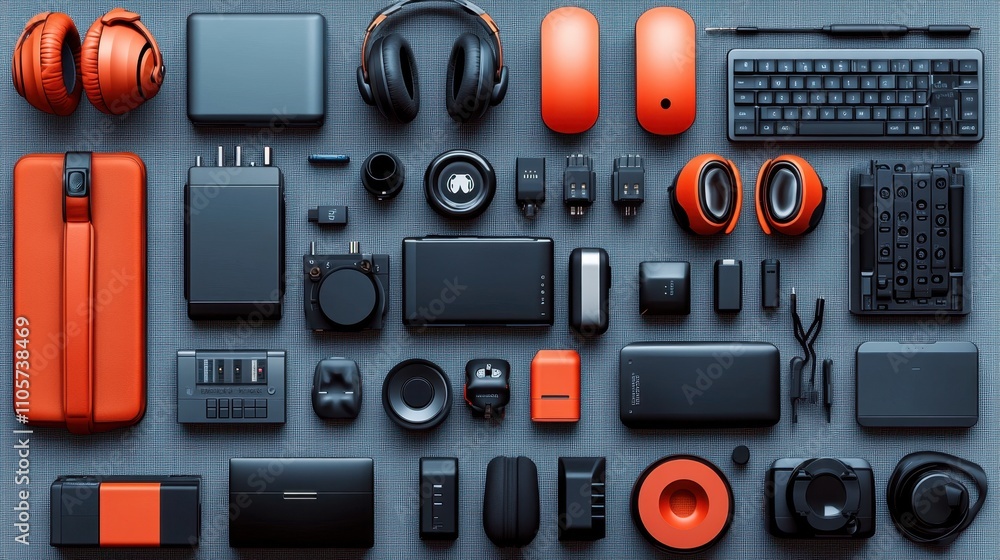 A set of various random electronic gadgets in full detail, isolated on a transparent background The collection includes a variety of earphones, chargers, USB cables, and power banks, each with A set of various random electronic gadgets in full detail, isolated on a transparent background The collection includes a variety of earphones, chargers, USB cables, and power banks, each with