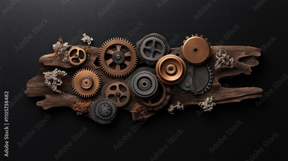 A collection of bronze and black gears arranged on a dark wooden surface with patches of lichen. The composition blends natural and mechanical elements, creating a steampunk aesthetic. A collection of bronze and black gears arranged on a dark wooden surface with patches of lichen. The composition blends natural and mechanical elements, creating a steampunk aesthetic.
