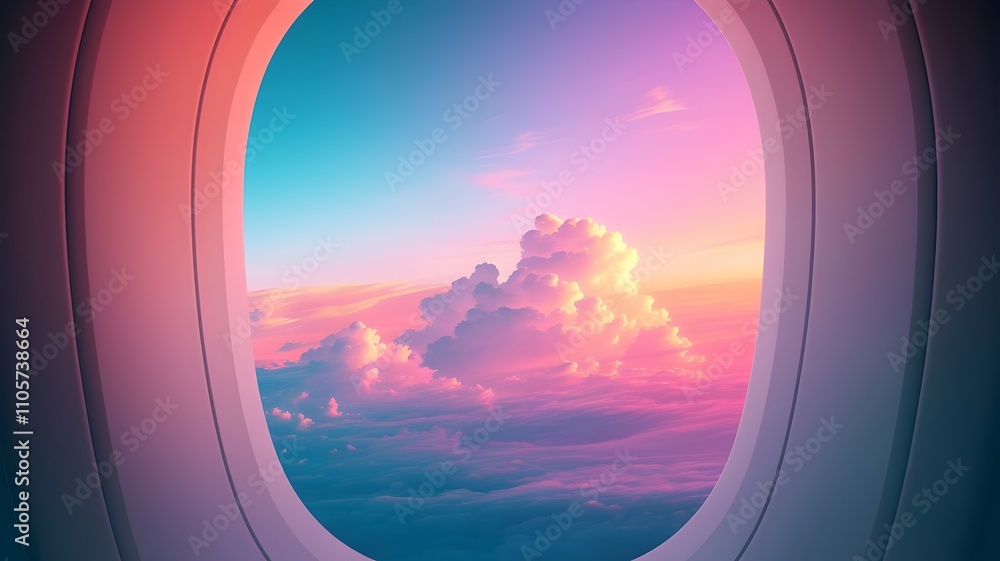 Airplane window view with vibrant sky and colorful cloud hues Airplane window view with vibrant sky and colorful cloud hues