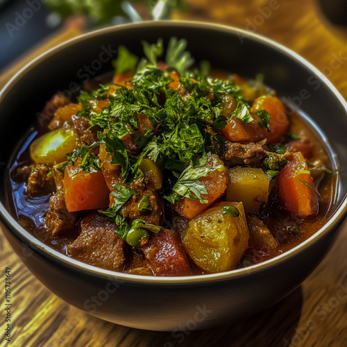 Rich and comforting beef stew packed with vibrant vegetables, showcasing a hearty and delicious meal