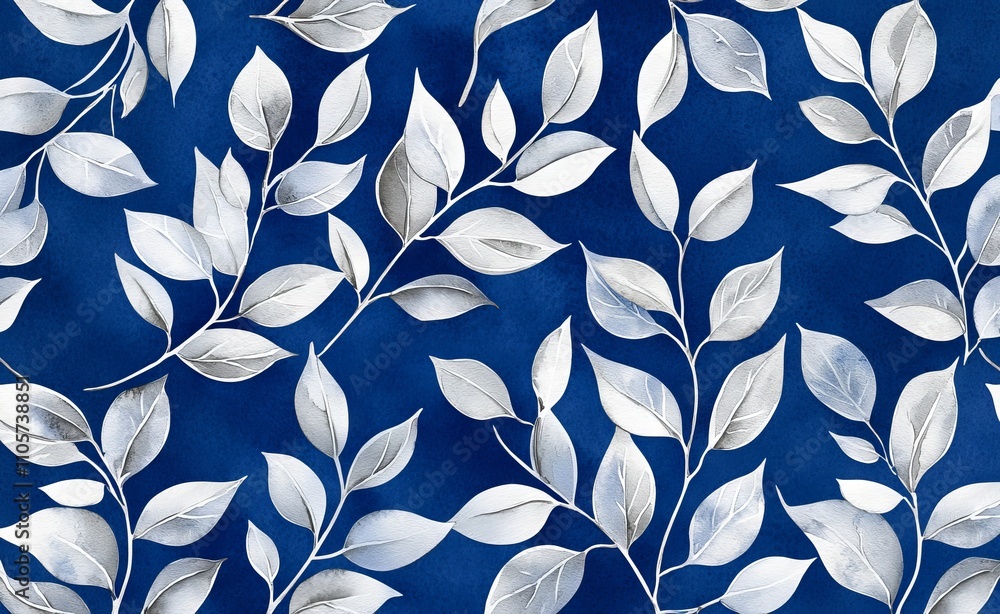 Fototapeta premium Featuring deep blues and violet hues along with detailed leaf designs, this floral pattern is ideal for textile prints and backgrounds.