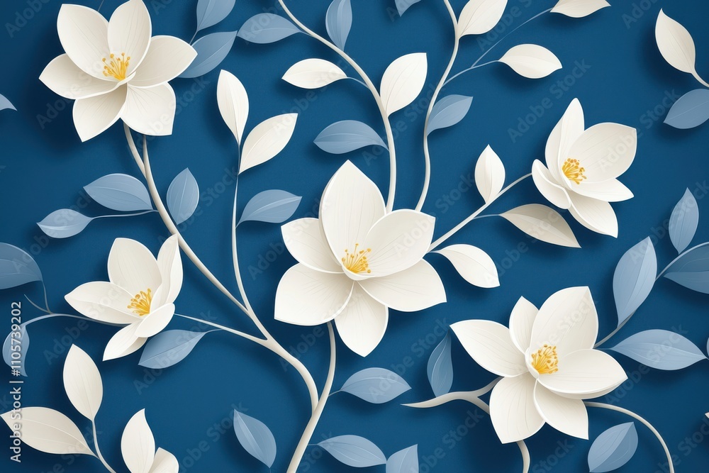 Elegant White Flowers with Leaves on a Deep Blue Background Design Elegant White Flowers with Leaves on a Deep Blue Background Design