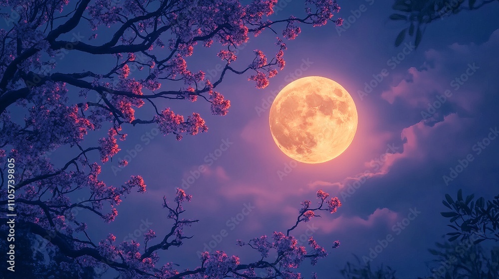 Moonlit landscape with swaying tree branches under a glowing full moon Moonlit landscape with swaying tree branches under a glowing full moon