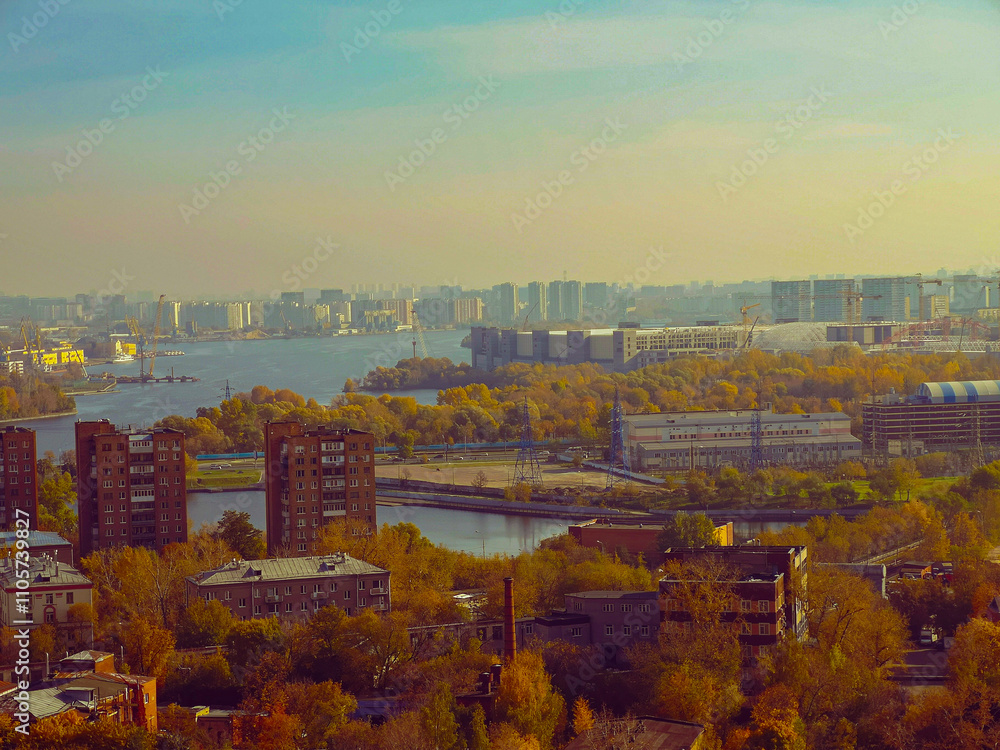 Naklejka premium Aerial view on city Moscow (district Technopark), Russia 2018