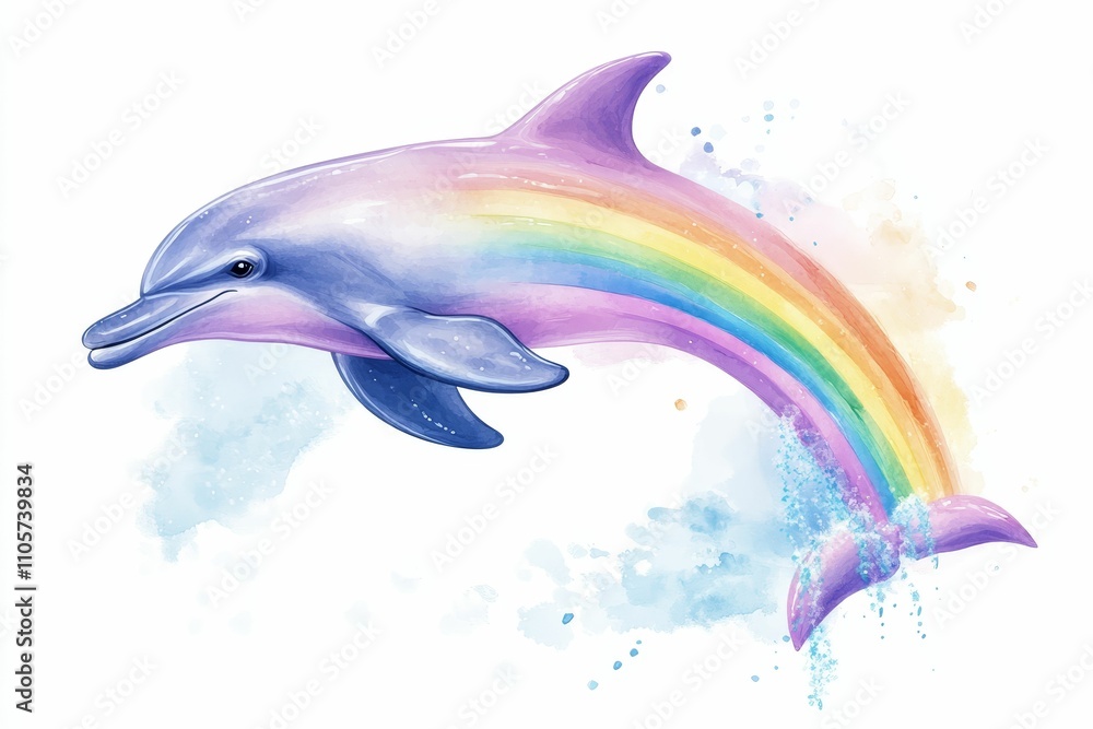 Pastel dolphin leaps, rainbow arc, watercolor splash. Pastel dolphin leaps, rainbow arc, watercolor splash.
