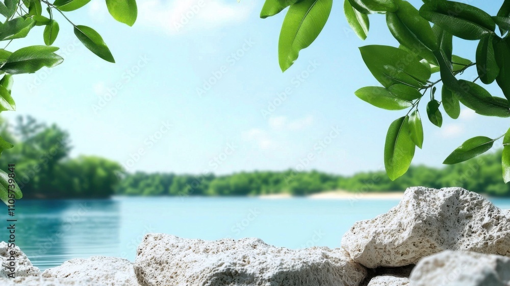 Naklejka premium Tranquil Lake Surrounded by Lush Greenery and Serene Atmosphere