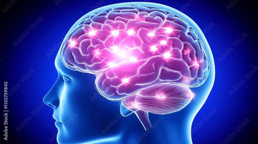 Fototapeta premium Human brain with glowing neural activity on a blue background