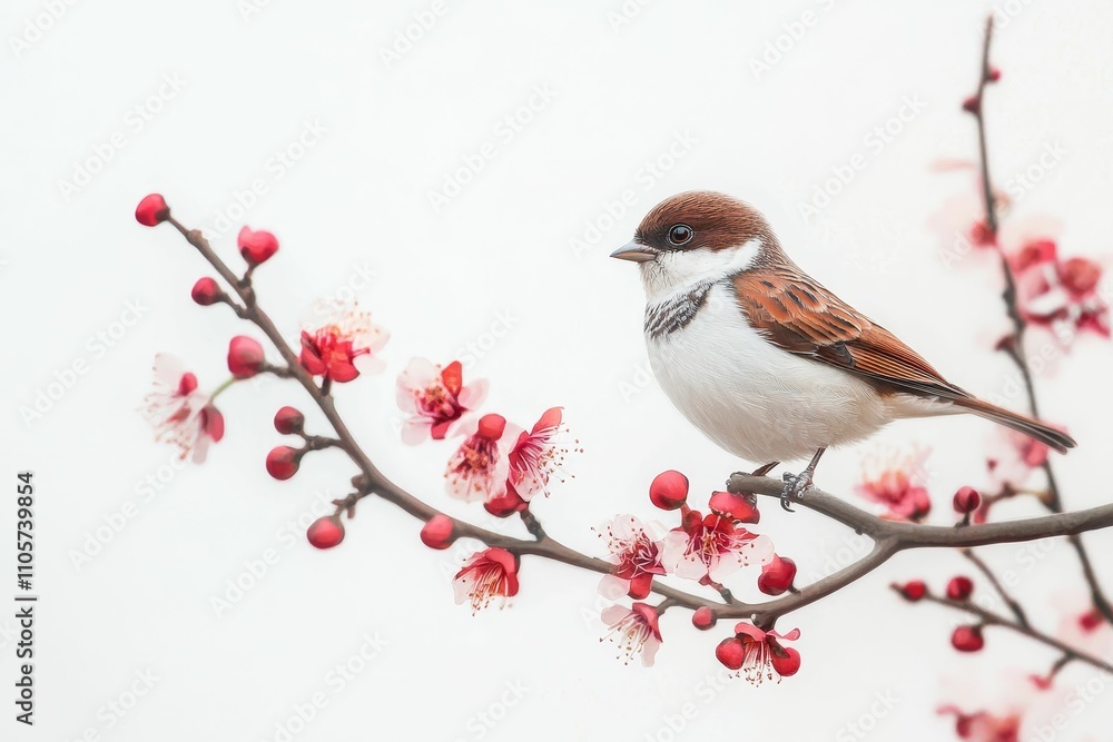 Obraz premium Small bird perched on blooming branch.