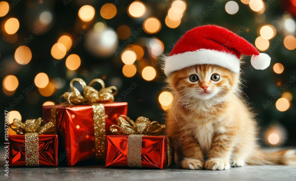 Near a beautifully decorated tree, a playful kitten wearing a Santa hat relaxes amidst a display of colorful Christmas lights. Near a beautifully decorated tree, a playful kitten wearing a Santa hat relaxes amidst a display of colorful Christmas lights.