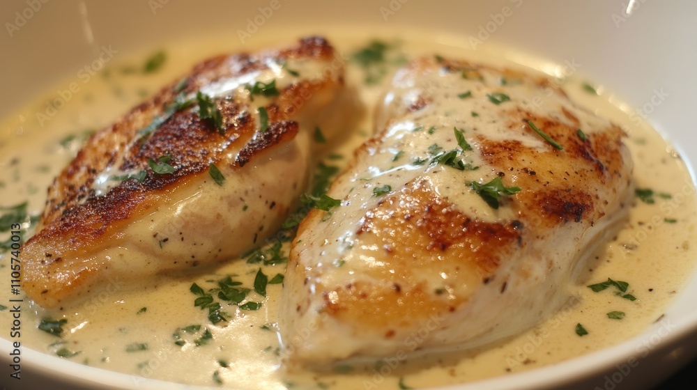 Delicious creamy garlic chicken dish garnished with parsley Delicious creamy garlic chicken dish garnished with parsley