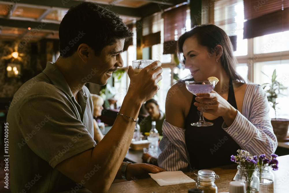 Smiling couple toasting drinks while sitting at bar counter in restaurant Smiling couple toasting drinks while sitting at bar counter in restaurant