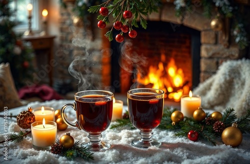 A cozy winter scene with two steaming glasses of mulled wine on a table adorned with candles, pine branches, and gold ornaments. A roaring fireplace and mistletoe create a warm, romantic ambiance