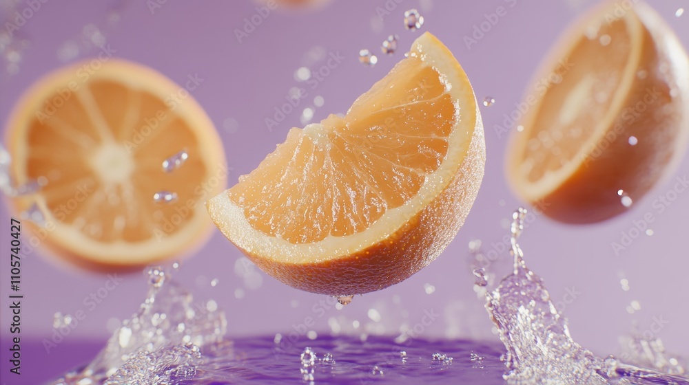 Vibrant citrus splash with fresh orange wedges and water droplets Vibrant citrus splash with fresh orange wedges and water droplets