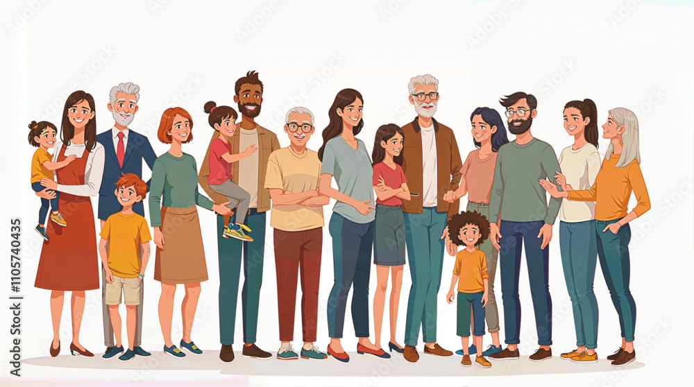 Fototapeta premium People of different cultures and races on a white background. Men and women young and old, along with children and people with disabilities, join together in joy. Illustration